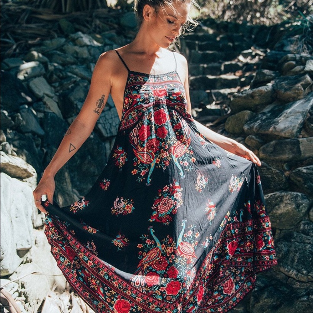 Boho strap beach dress black floral maxi